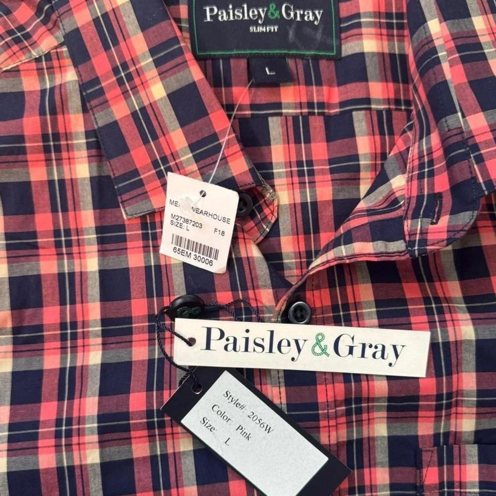 NWT Paisley & Gray Slimfit pink and navy plaid button-up shirt‎ Size L